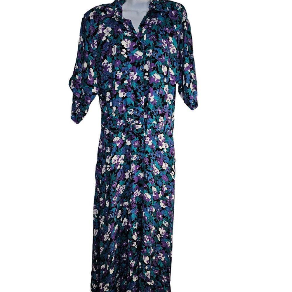Vintage 80s Shirt Dress Womens Size M Purple Blue Floral Belted Midi Long
